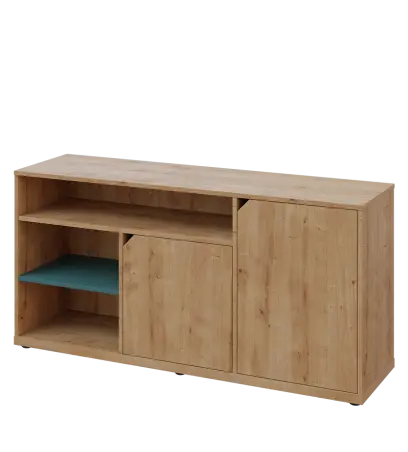 KU2-15DN3 P skříňka nízká 2-dveřová, nika, 740x1522x400, provedení pravé, korpus a dvířka dub lite/police světle petrolejová